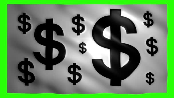 Символы доллара на флаге на зеленом экране для хроматического ключа — стоковое видео