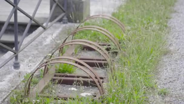Şehirdeki çimlere bırakılmış park bisikletleri için zemin rafı. — Stok video