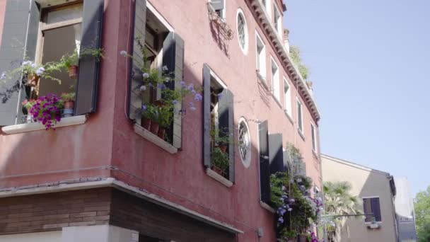 Venetiaans huis met bloemen op de ramen en balkon — Stockvideo