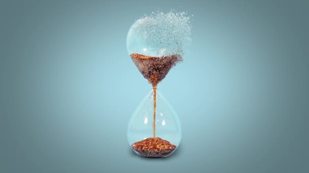 Hourglass disintegrates into pieces on a blue background — Stock Video