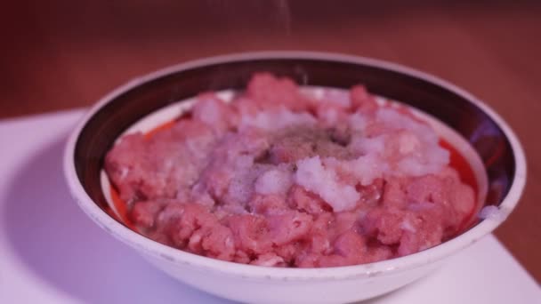 Pimienta se lanza en el plato con carne molida cruda — Vídeos de Stock