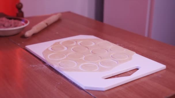 Dough cut into circles for the preparation of dumplings — Stock Video