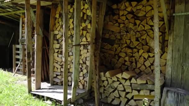 Стопки подрібненої деревини готові до спалення — стокове відео