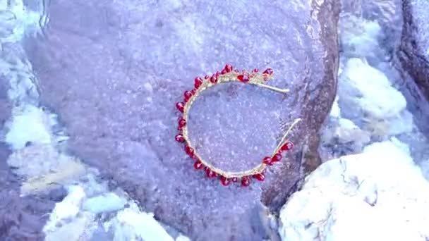 水的溪流中，红色的皇冠挂在石头上 — 图库视频影像