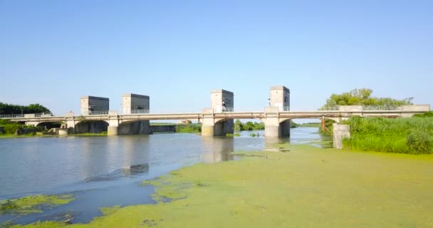 Гидроэлектростанция на реке, грязной водорослями — стоковое видео