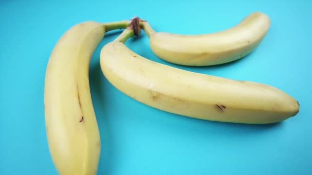 Délicieuses bananes mûres reposent sur fond bleu clair gros plan — Video