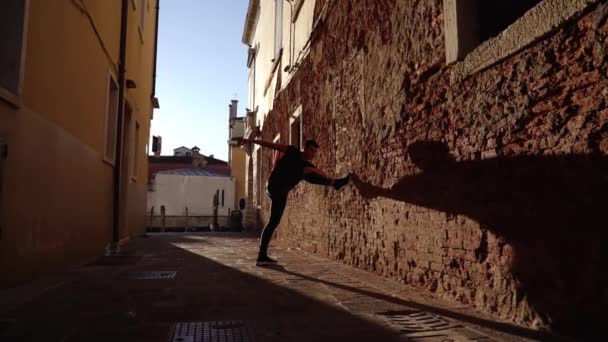 Ballerun posiert in der Nähe der alten braunen Mauer und Vogel fliegt bei Sonnenuntergang — Stockvideo