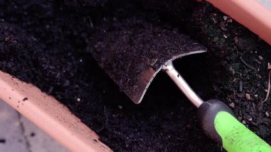 Yeşil saplı küçük metal bahçe küreği tencerede yatıyor.