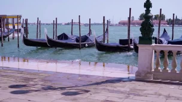 Förtöjda svarta gondoler gunga i azure bay i Venedig zoom i — Stockvideo