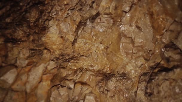 Nasse Felswand des schmalen grunzigen Korridors in malerischer Höhle — Stockvideo