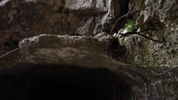 Zapasy starej tuszy nad wejściem do ciemnej wąskiej jaskini — Wideo stockowe