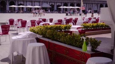 Şehir meydanındaki kafeteryada yeşil bitkiler ve boş masalar