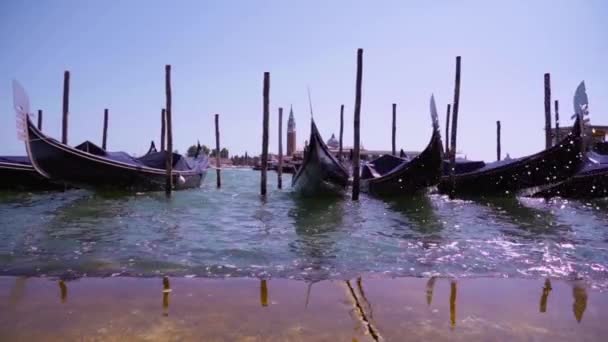 Gondole zacumowane na molo z kijami w lazurowej wodzie lagunowej — Wideo stockowe