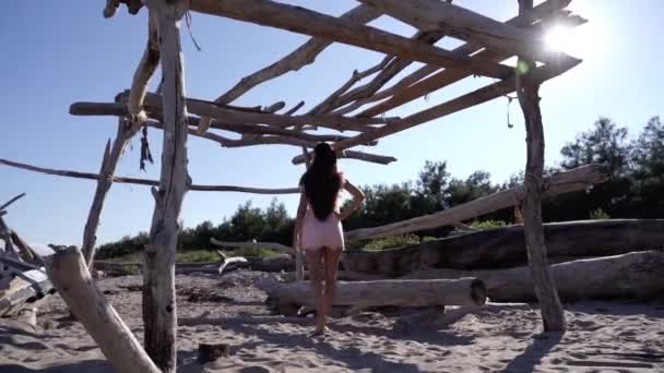 Elegante Brünette mit langen lockeren Haaren posiert am Sandstrand — Stockvideo