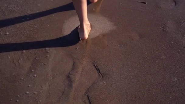 Młoda kobieta nogi chodzić wzdłuż mokrego piasku w pobliżu brzegu fal morskich — Wideo stockowe