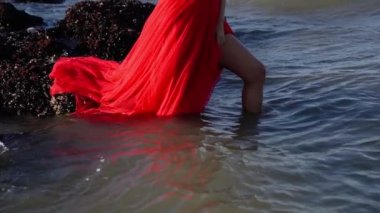 Kesik ve tüylü trenli kırmızı elbiseli profesyonel model.