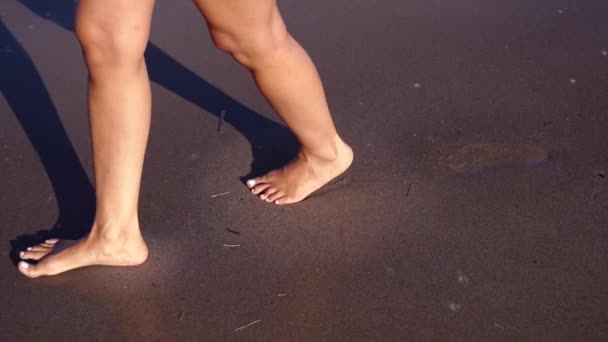 Woman elegant bare feet walk along beach wet sand closeup — Stock Video