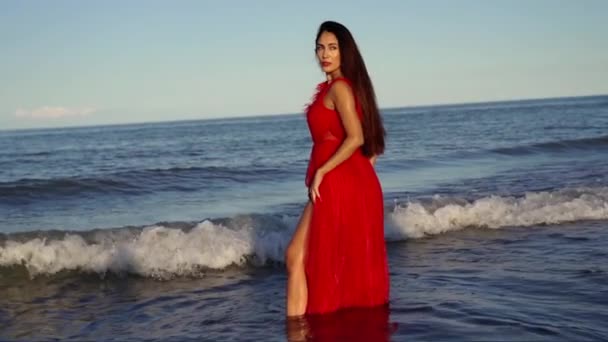 Довгошерста брюнетка в червоній сукні з щілиною стоїть в морі — стокове відео