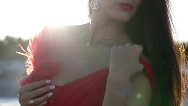 Junge Frau mit langen lockeren Haaren läuft Hand in Hand auf rotem Kleid — Stockvideo