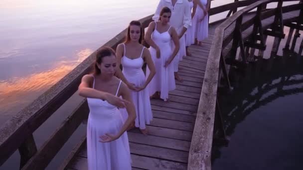 Frauen und Männer tanzen Ballettübungen im Stehen auf Brücke — Stockvideo