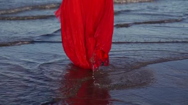 Długowłosy brunetka posiada sukienka rąbek stojąc w wodzie morskiej — Wideo stockowe