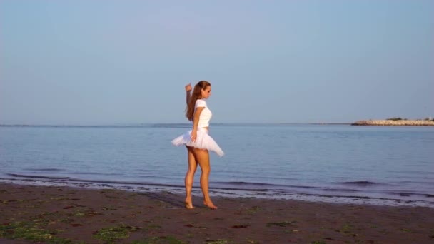Frauen im Tutus führen verschiedene Ballettbewegungen auf nassem Sand auf — Stockvideo