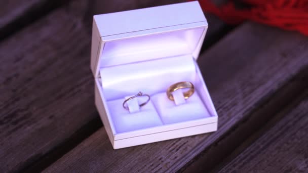 Ouro e prata anéis de noivado na caixa branca no banco — Vídeo de Stock