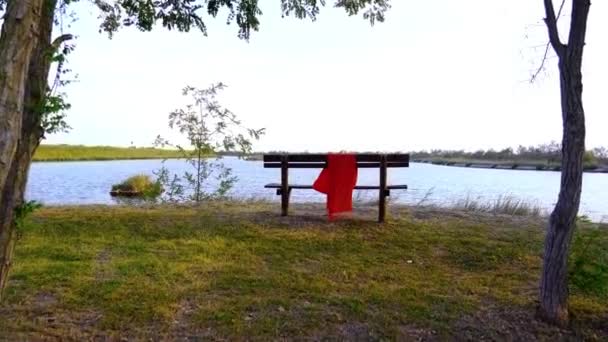 Grande écharpe de couleur rouge agitée par le vent léger sur banc marron — Video