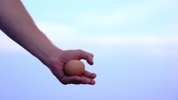 Person hand crushes brown chicken egg against blue sky — Stock Video