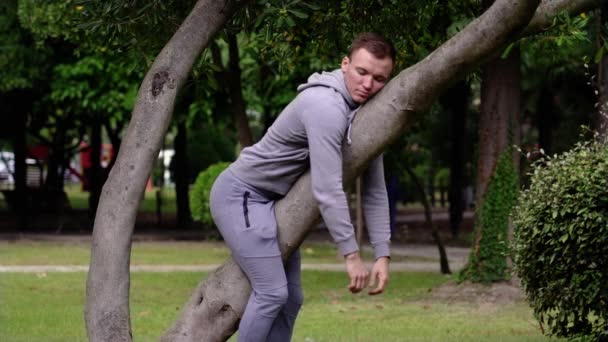 Intérprete duerme acostado en el tronco gris del árbol como perezoso en el jardín — Vídeos de Stock