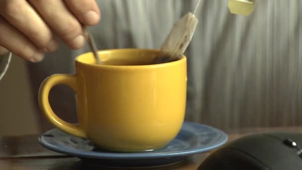 El hombre recoge una cucharita y empieza a remover azúcar en una taza de té negro caliente. . — Vídeo de stock
