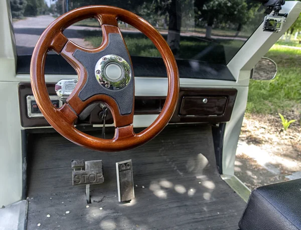 Large view of the steering wheel and electric car pedals.