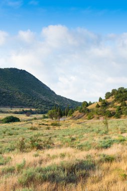 Dağ ve yolun ortasında Ağustos, Kırım'da, yaz tatili görünümü