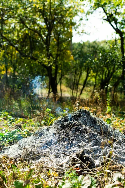 秋の作業 青煙灰の上で燃やされた篝火 — ストック写真