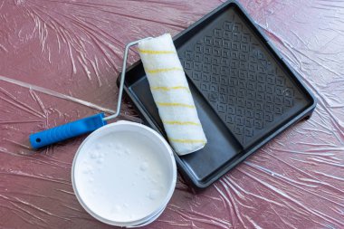 Rulo ve beyaz boya bir kanatür ile boya tepsisi