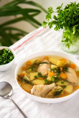 Taze sebzeli tavuk çorbası, tavuk kanadı çorbası soğan ve havuçlu patates, doğranmış yeşil soğan ve maydanoz.