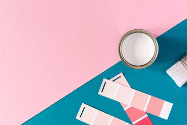 Renkli arka planda fırçalı beyaz boya kutusu, boya için palet seçimi, örnek renk kataloğu, üst görünüm