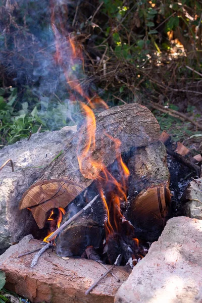 Campfire Nature Making Fire Your Garden Cooking Meat Open Fire — Stock Photo, Image