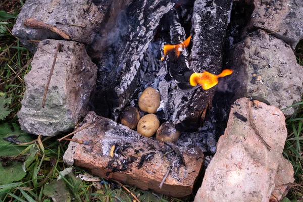 석탄으로 감자를 등산을 하면서 요리를 — 스톡 사진