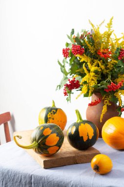 Güzel bir buket yabani otlar, çinni ve viburum dalları kil bir tencerede, beyaz bir duvara karşı taze balkabağı hasadı