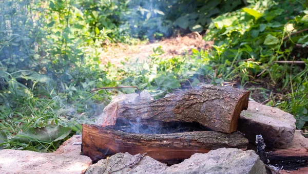 大自然的篝火 在你的花园里生起篝火 在篝火中生肉 — 图库照片