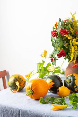 Güzel bir buket yabani otlar, çinni ve viburum dalları kil bir tencerede, beyaz bir duvara karşı taze balkabağı hasadı