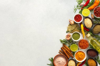 Gri bir arkaplana yerleştirilmiş bir mutfak otları ve baharatlar dizisi aromatik aksanlar eklemek lezzet, üst görünüm, kopyalama alanı için mükemmel