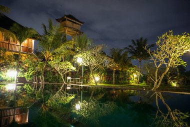 Şemsiye sandalye ve tropikal yeşillik ile tatil villasında gece yeşil havuz