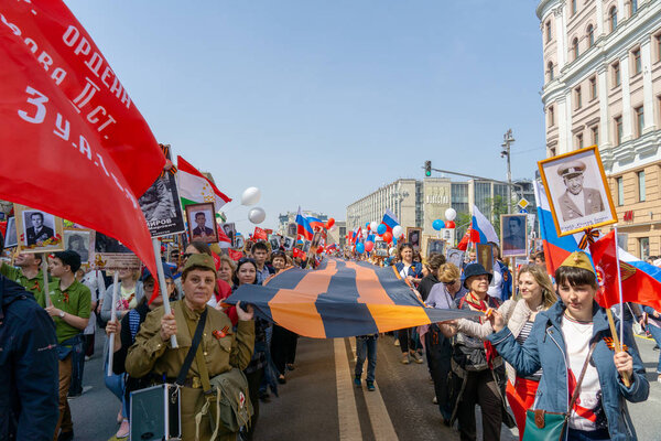 MOSCOW, RUSSIA - MAY 9, 2019: Immortal regiment procession in Victory Day.