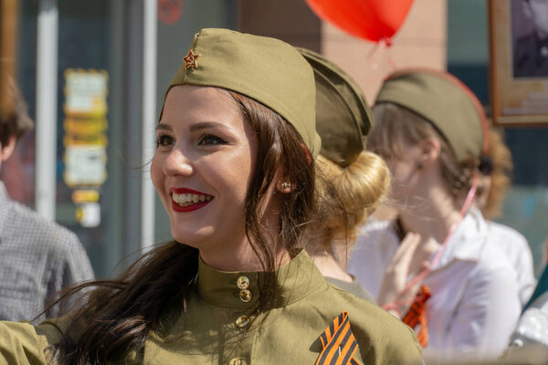 MOSCOW, RUSSIA - MAY 9, 2019: Immortal regiment procession in Victory Day.