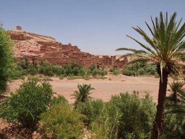 Morocco Sahara çöl Kasbah AIT Benhaddou (Ksar in AIT-Ben-Haddou) kapının arkasında palmiye ağaçları, Unesco Dünya Mirası