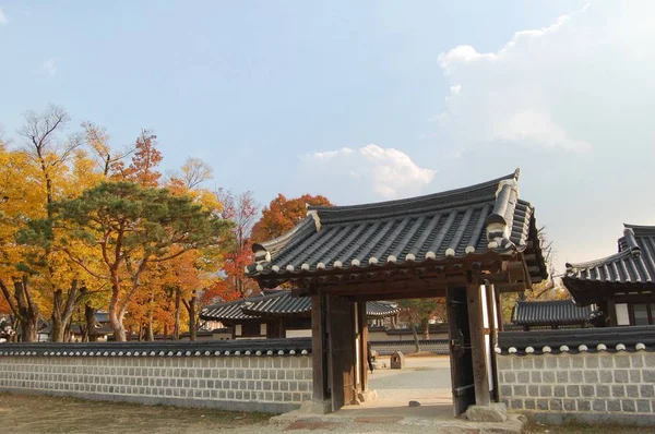 Dinding Dan Gerbang Tradisional Korea Desa Jeonju Hanok Musim Gugur — Stok Foto