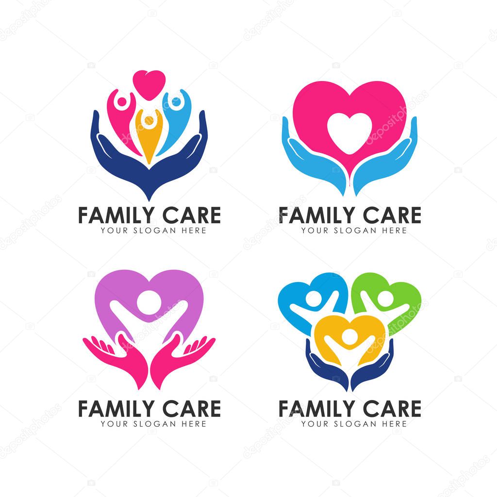 Family care logo design template. hand care and heart shape vector icon