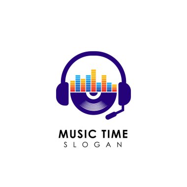 kulaklık ve vinil çizim ile müzik logo tasarımı. DJ logo tasarım şablonu